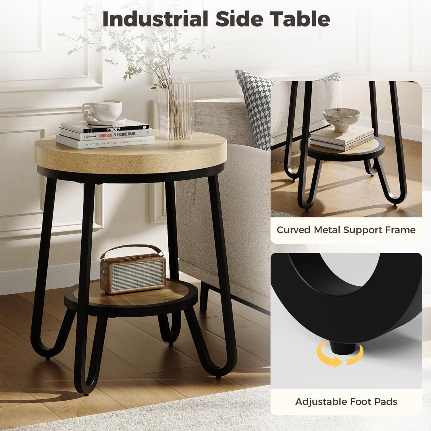 IRONCK 19.7" 2 Tier Round Side Table, Curved Metal Legs, Light Brown