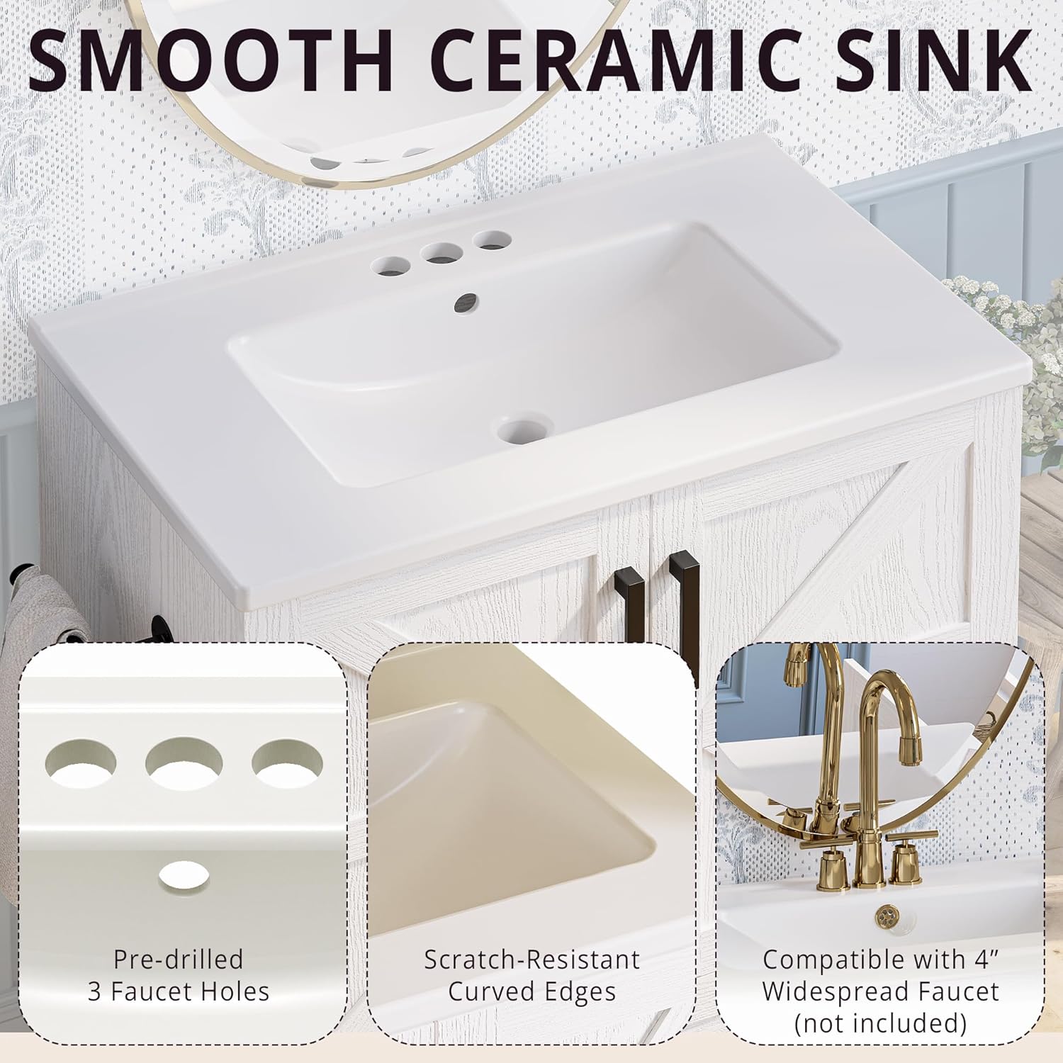 IRONCK 24" Wood Fixture Stand Bathroom Vanity with Sink, Easy Assembly