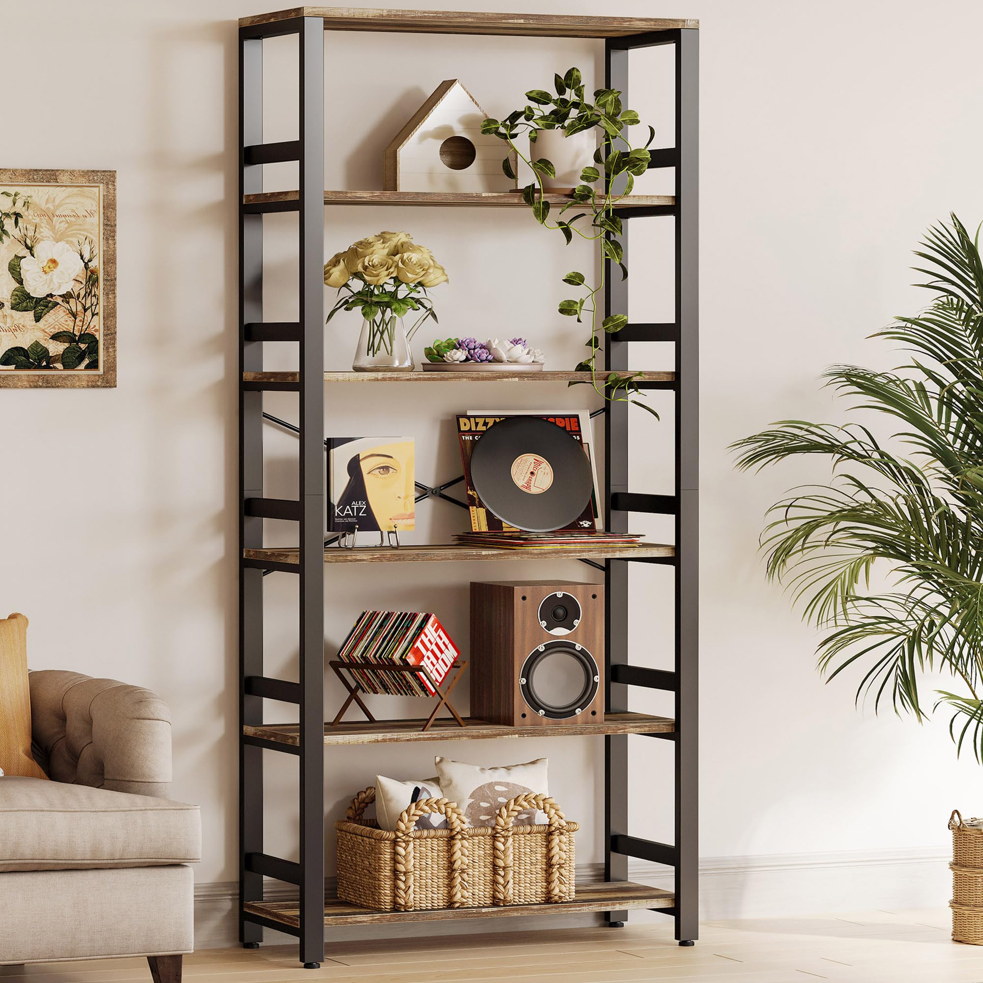 IRONCK Bookshelf, 31.5in Wide Shelf 6 Tier Bookcase,shelf Vintage