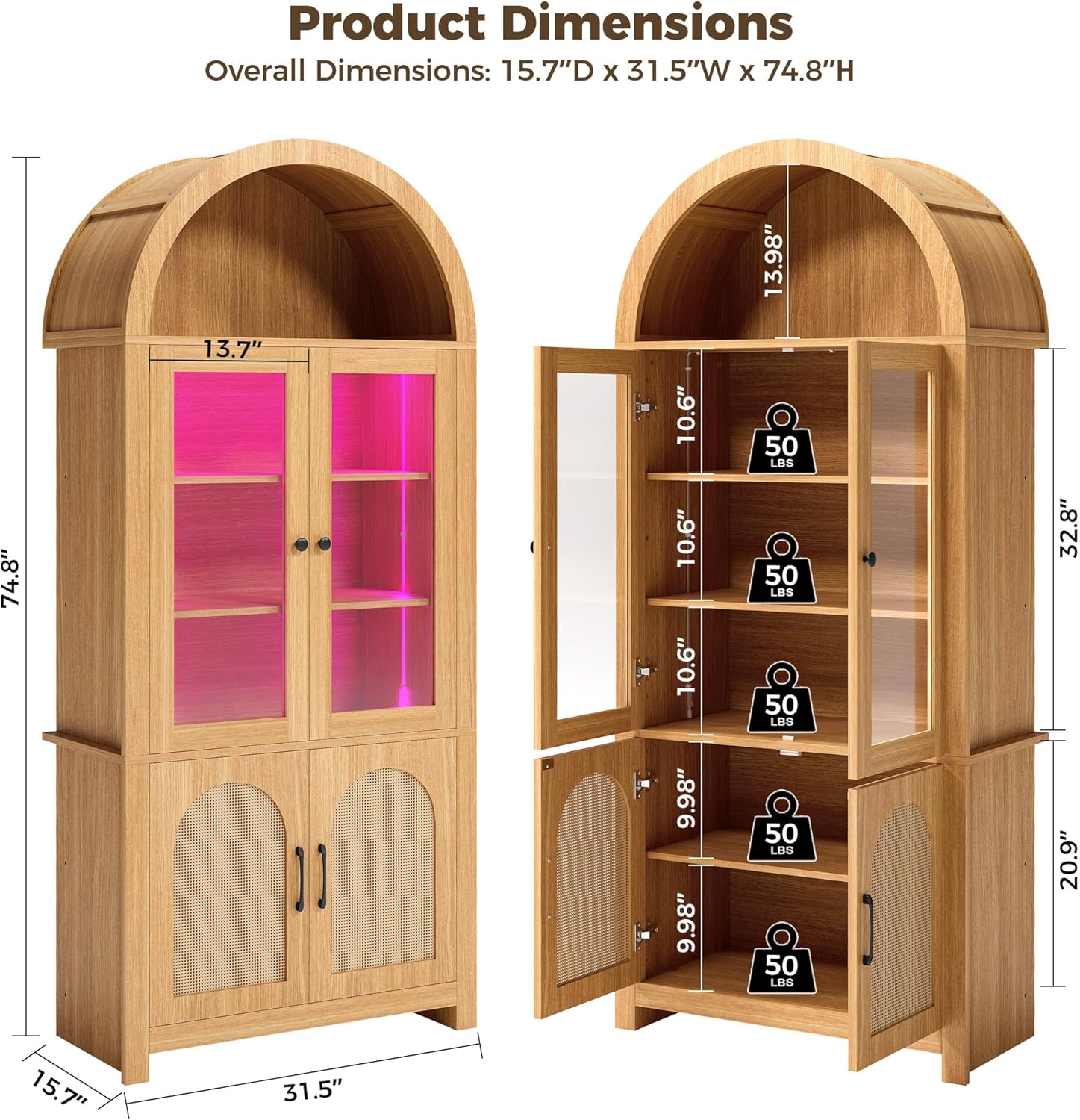 IRONCK 75" Tall 6 Tier Arched Bookshelf with Rattan  Glass Door,  LED