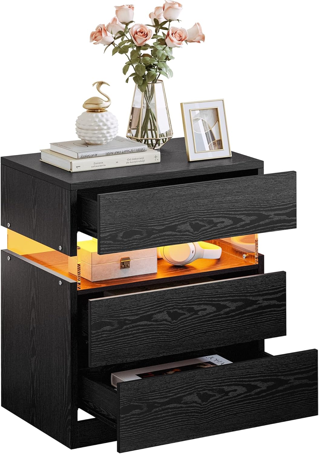 7 Furniture Nightstand, Bedside Table with 3 Drawers, Modern Night Stands with LED Light, End Table with Storage for Bedroom, Black