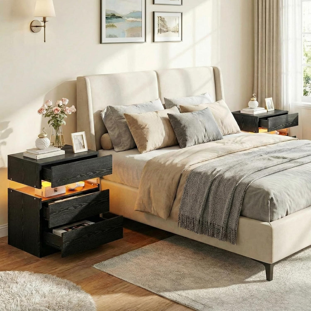 IRONCK Nightstand with 3 Drawers,  LED Light, Storage for Bedroom, Black