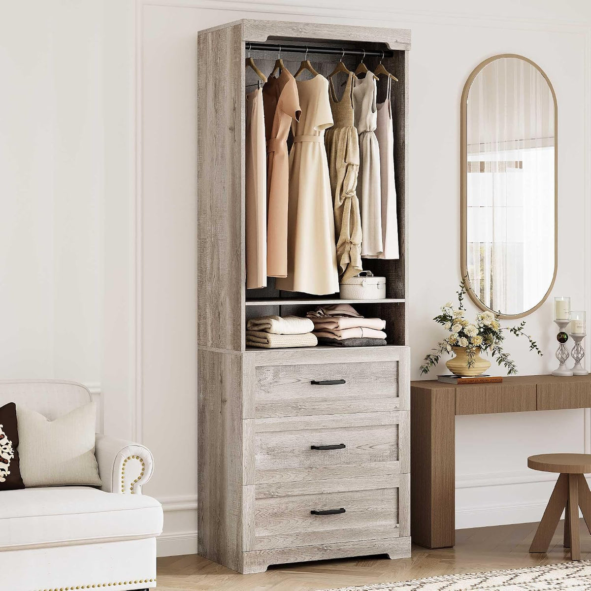 IRONCK Freestanding Closet System with Adjustable Shelves & 3 Drawers | Closet Organizer with Hanging Rod, Ideal for Bedrooms, Apartments and Small Closet Storage, 23.6" White