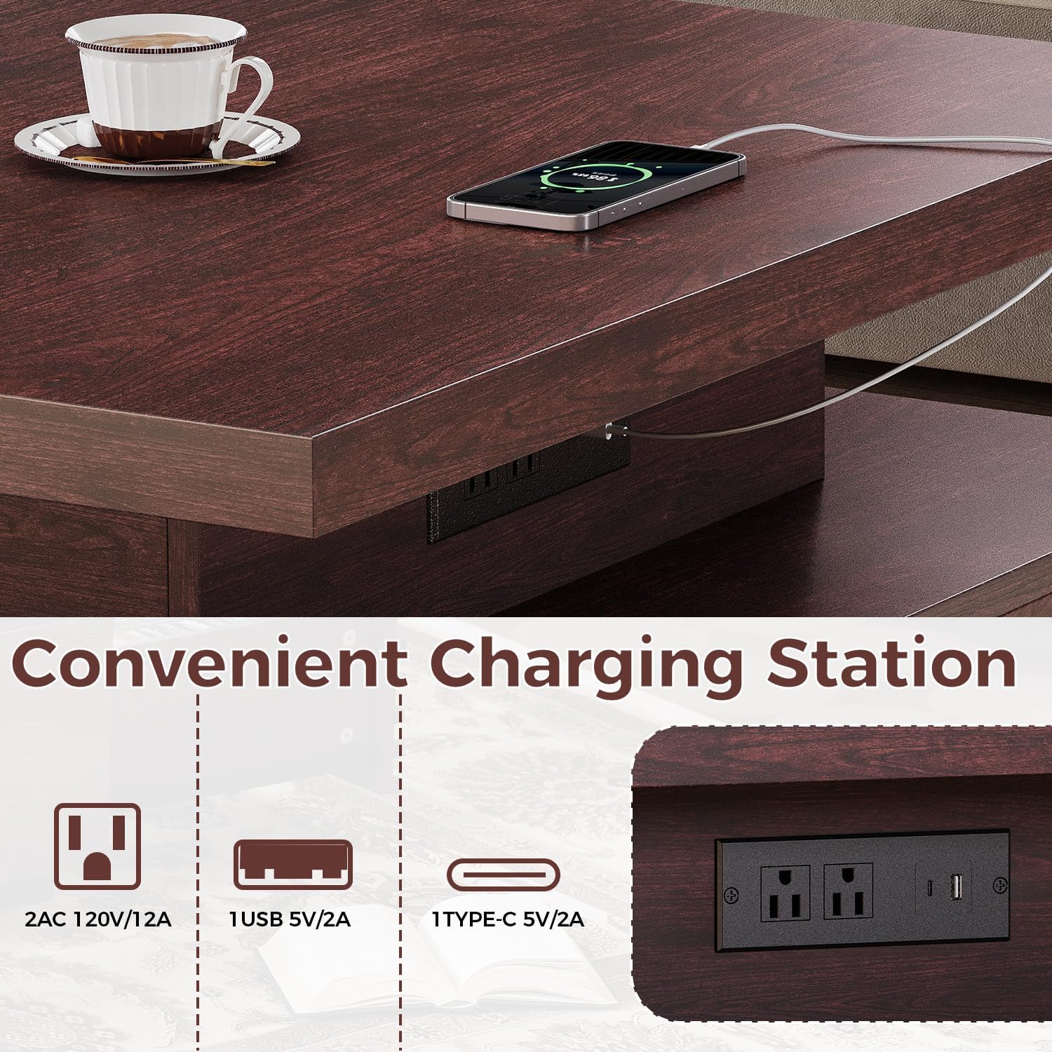 IRONCK Coffee Table with LED Light and Charging Station, 4 Storage Drawers