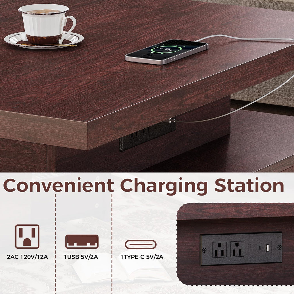IRONCK Coffee Table with LED Light and Charging Statio, Walnut