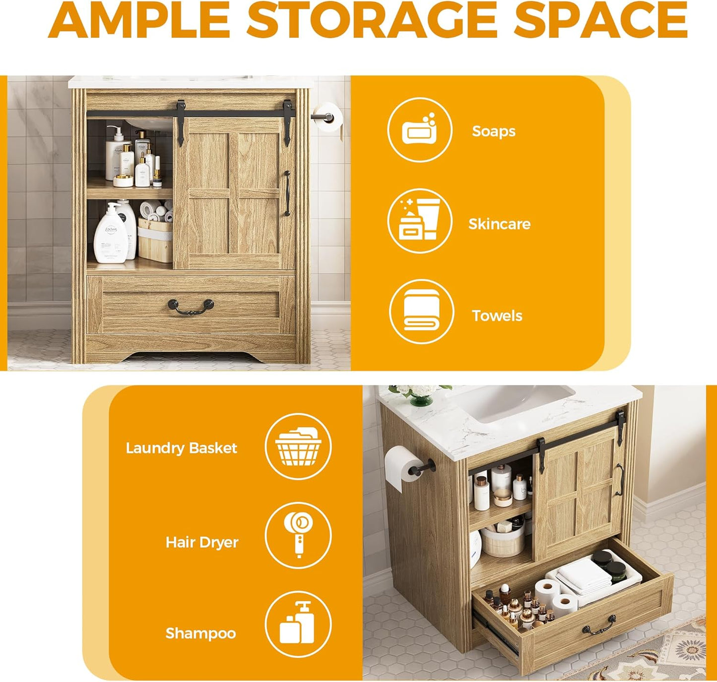 IRONCK 30 Inch Bathroom Vanity with Sink, Bathroom Sink Cabinet with Drawers & Metal Handles, Freestanding, Easy Assembly, Farmhouse