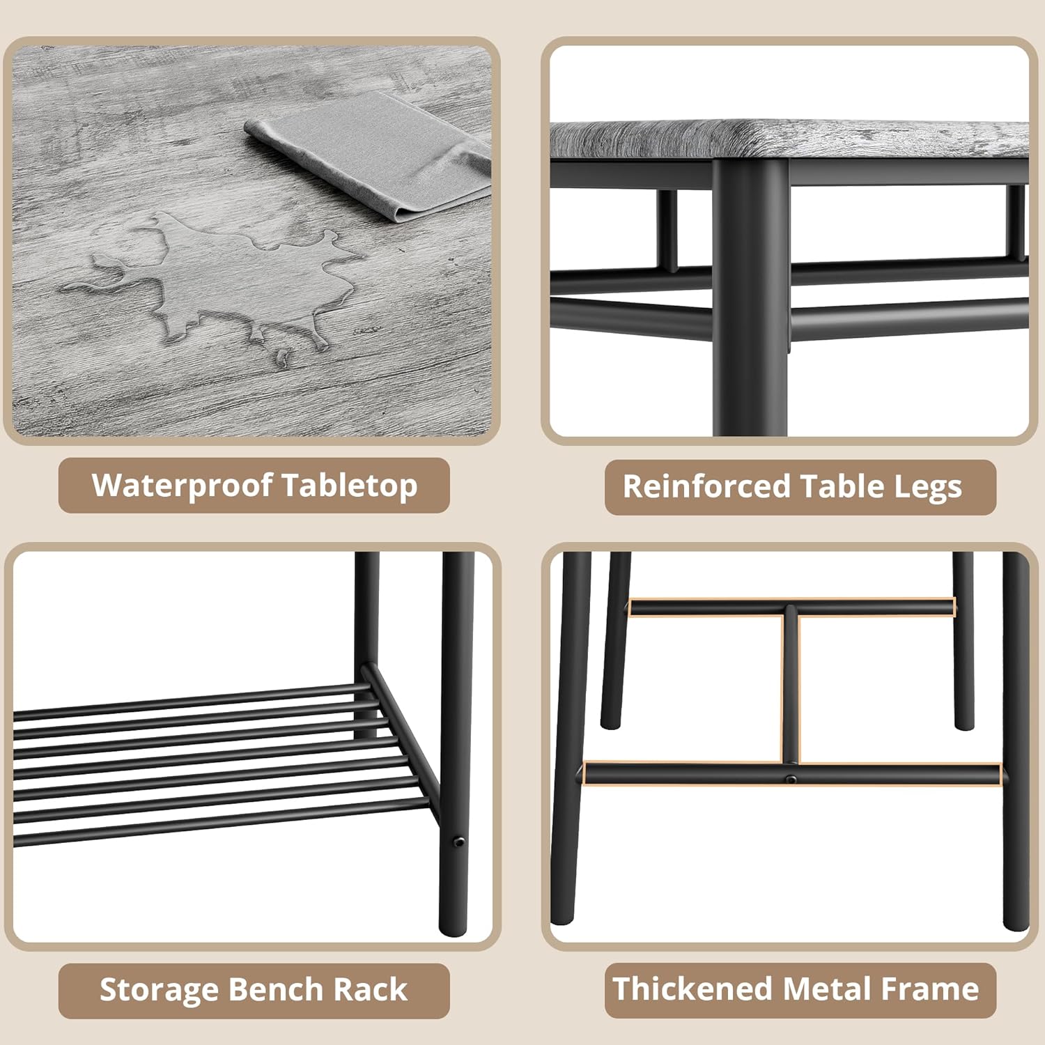 IRONCK Dining Table Set for 4, with Upholstered Bench and 2 Chairs