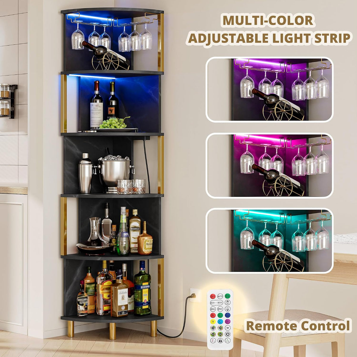 IRONCK Corner Bar Cabinet with LED Lights & Power Outlets, 5-Tier Corner Shelf with Glass Holder, Wine Bar Cabinet Liquor Cabinet for Living Room, Dining Room, Kitchen, Black & Gold