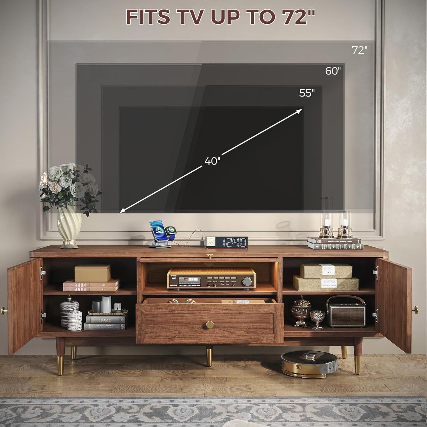 IRONCK TV Stand for 70 Inch TV, LED Lighting and Charging Station, Walnut