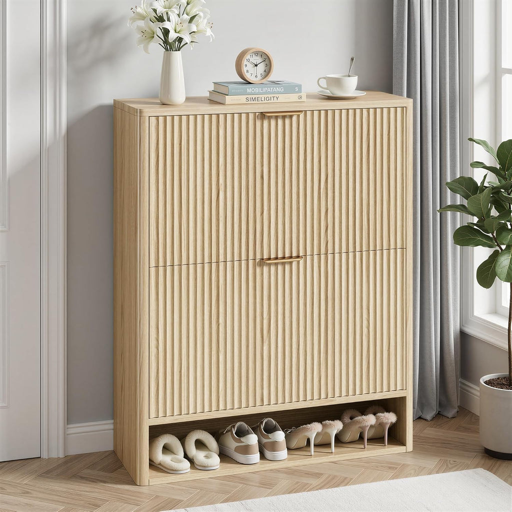 IRONCK Fluted Shoe Cabinet Storage with 2 Flip Drawers