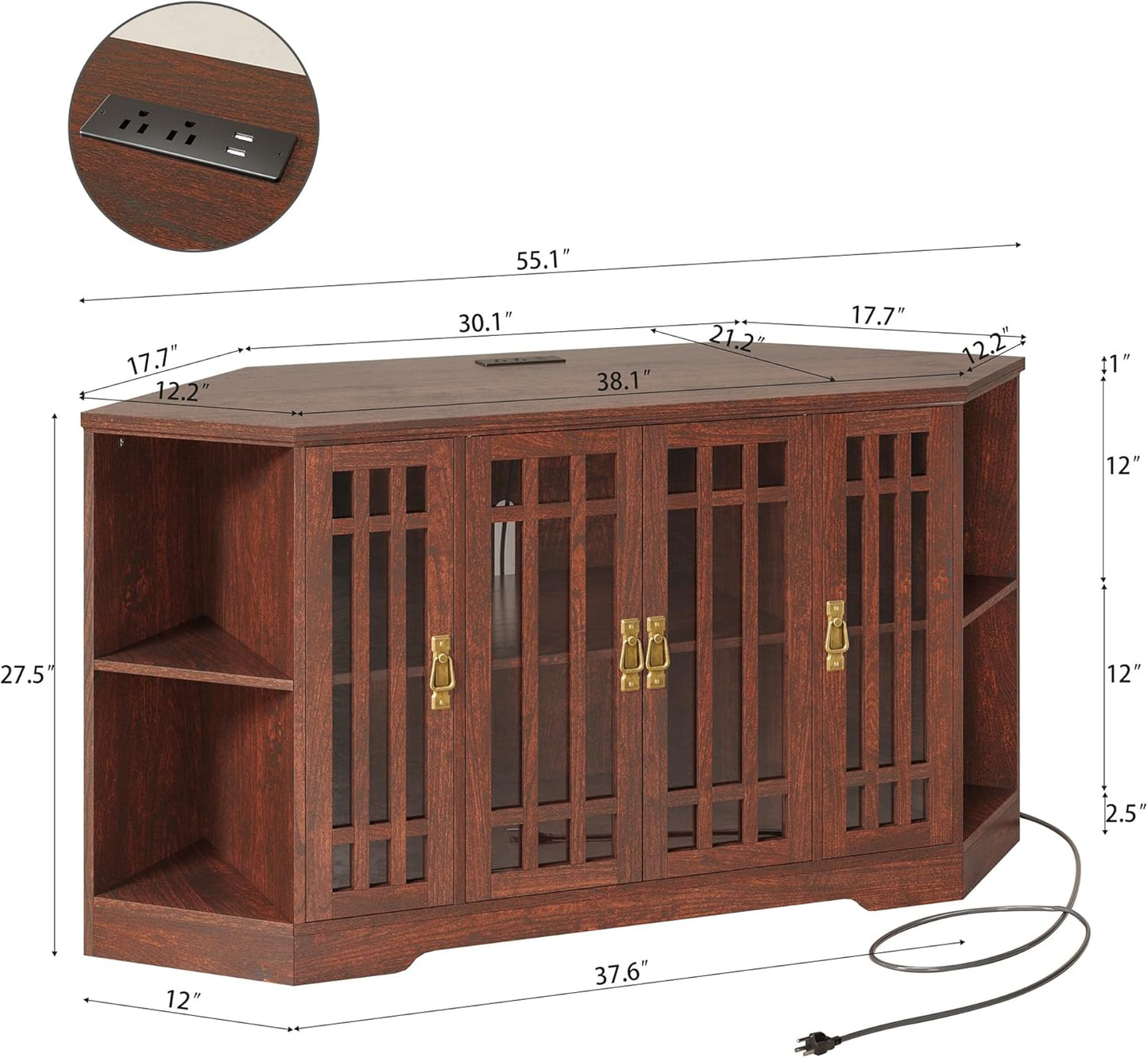 IRONCK Corner TV Stand for TVs up to 60 Inch with Power Outlet, Corner Entertainment Center with Storage Cabinet and Glass Doors, Mid Century Modern TV Stand for Living Room, Bedroom, Red Walnut