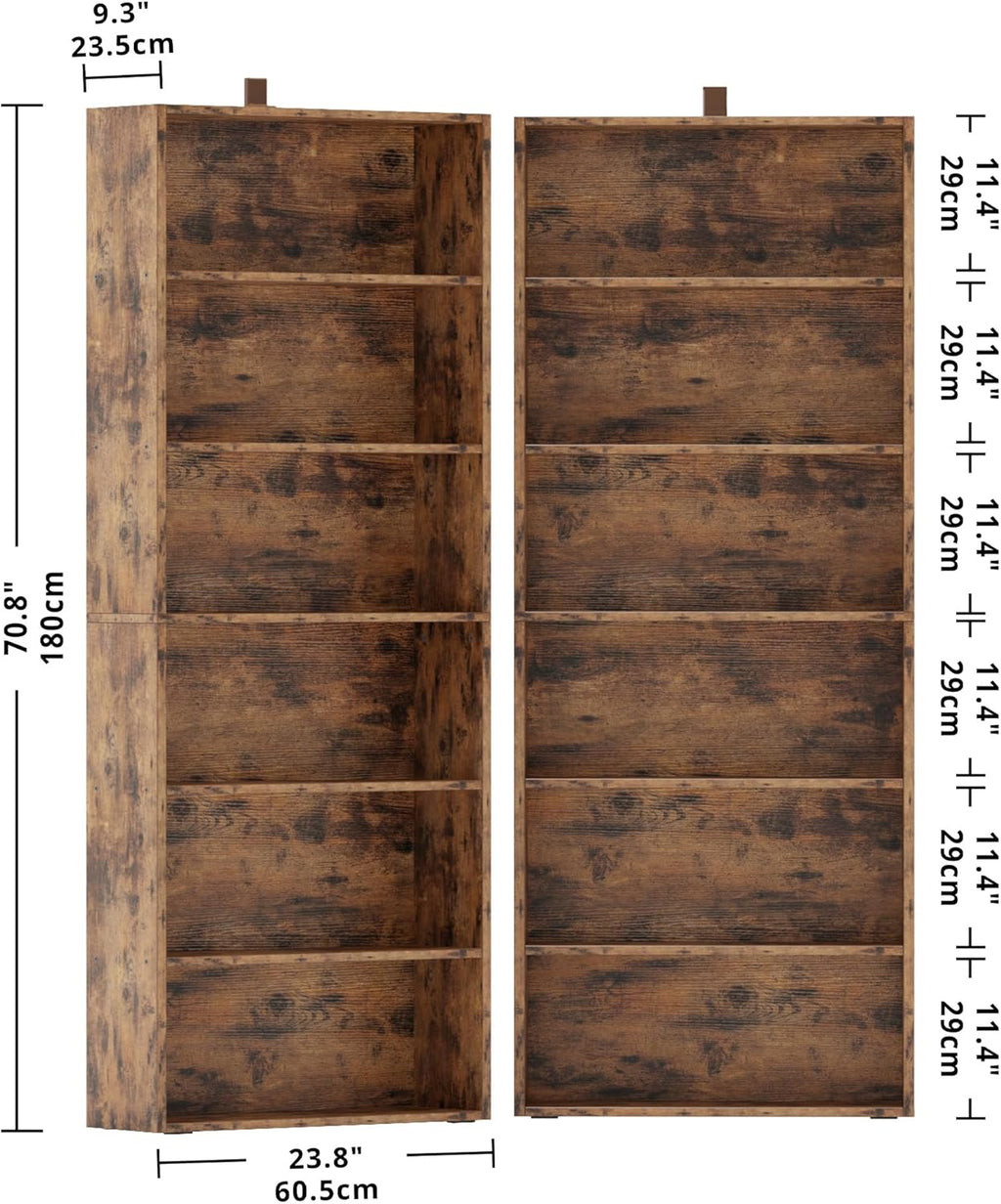 IRONCK Bookshelf and Bookcases 70" Tall, 6 Tiers Display Storage Shelves | Bookshelves Set of 2, Wood Bookcase with Open Display Shelves for Home Office, Living Room, Library, Vintage Brown