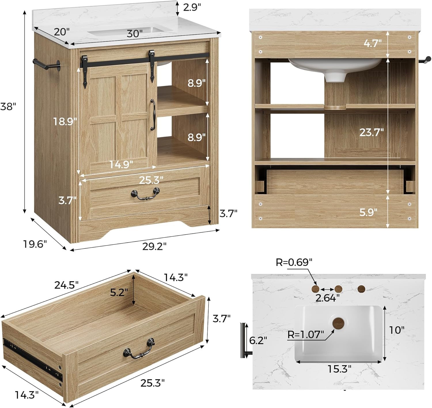 IRONCK 30 Inch Farmhouse Bathroom Vanity with Sink, Drawers