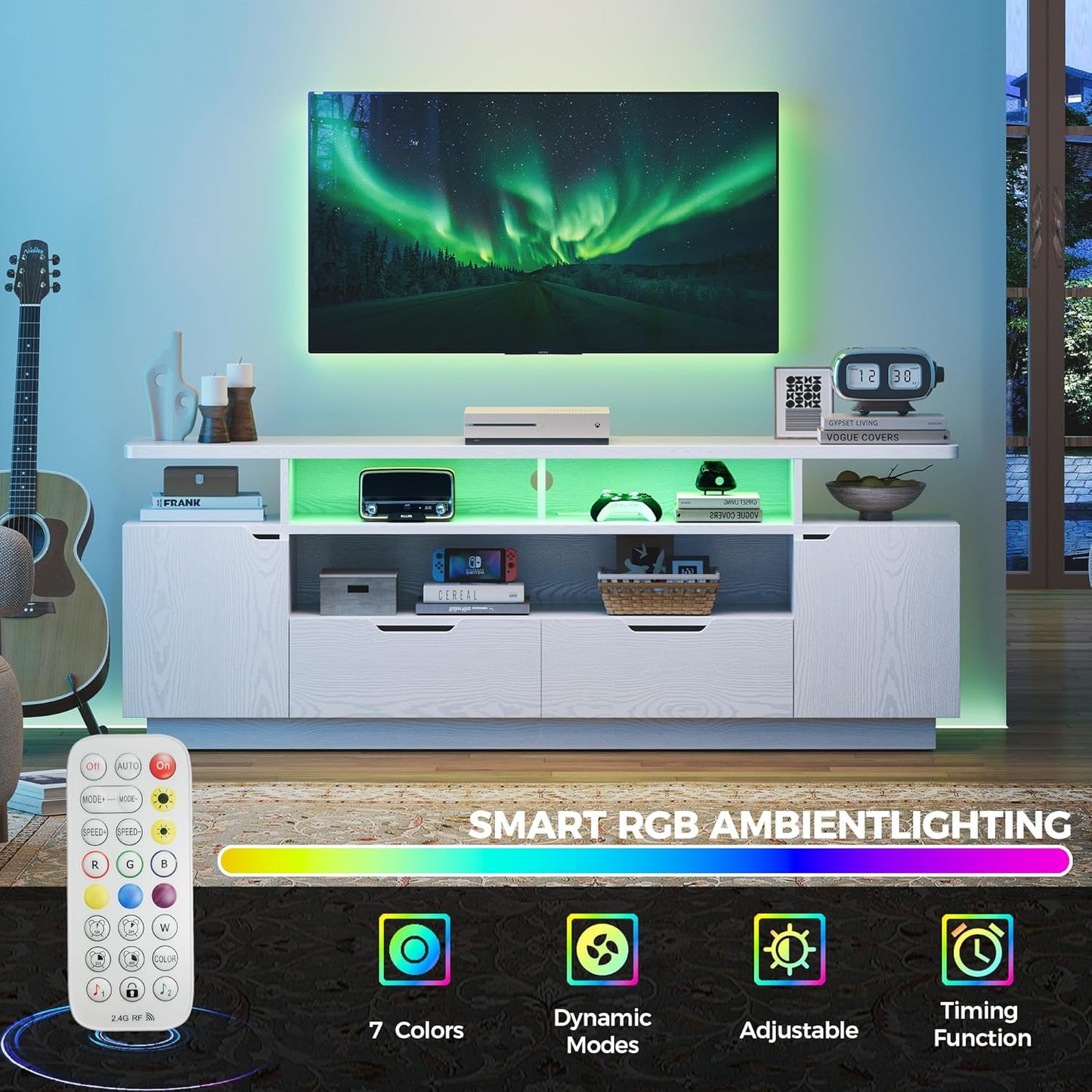 IRONCK TV Stand for TVs 85 inch with Power Outlet and LED Lights, White