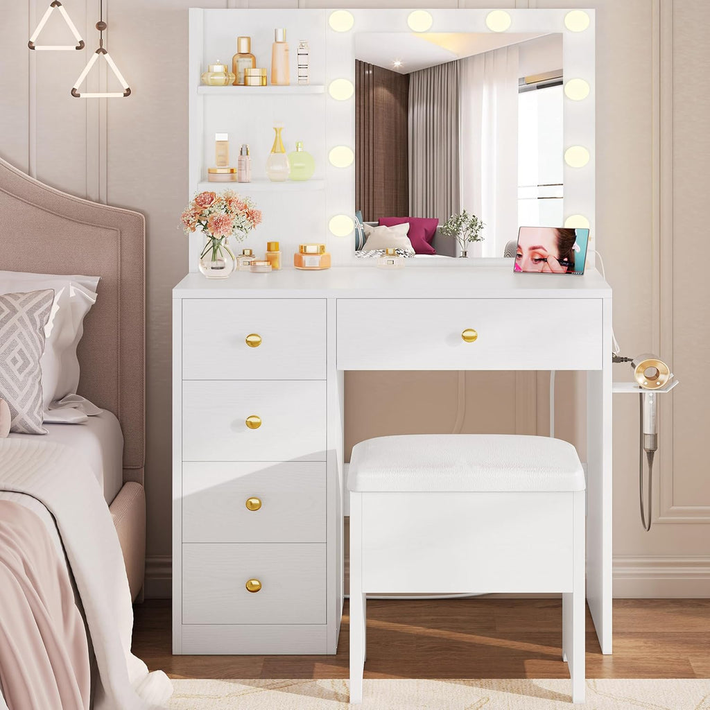 IRONCK Small Makeup Vanity Table with 5 Drawers, Power Outlet, and Vanity Stool