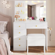 7 Furniture Vanity Desk with Mirror and Lights, Small Makeup Vanity Table with 5 Drawers, Power Outlet, and Vanity Stool, 3 Lighting Colors, Dressing Table for Women Girls Bedroom, White