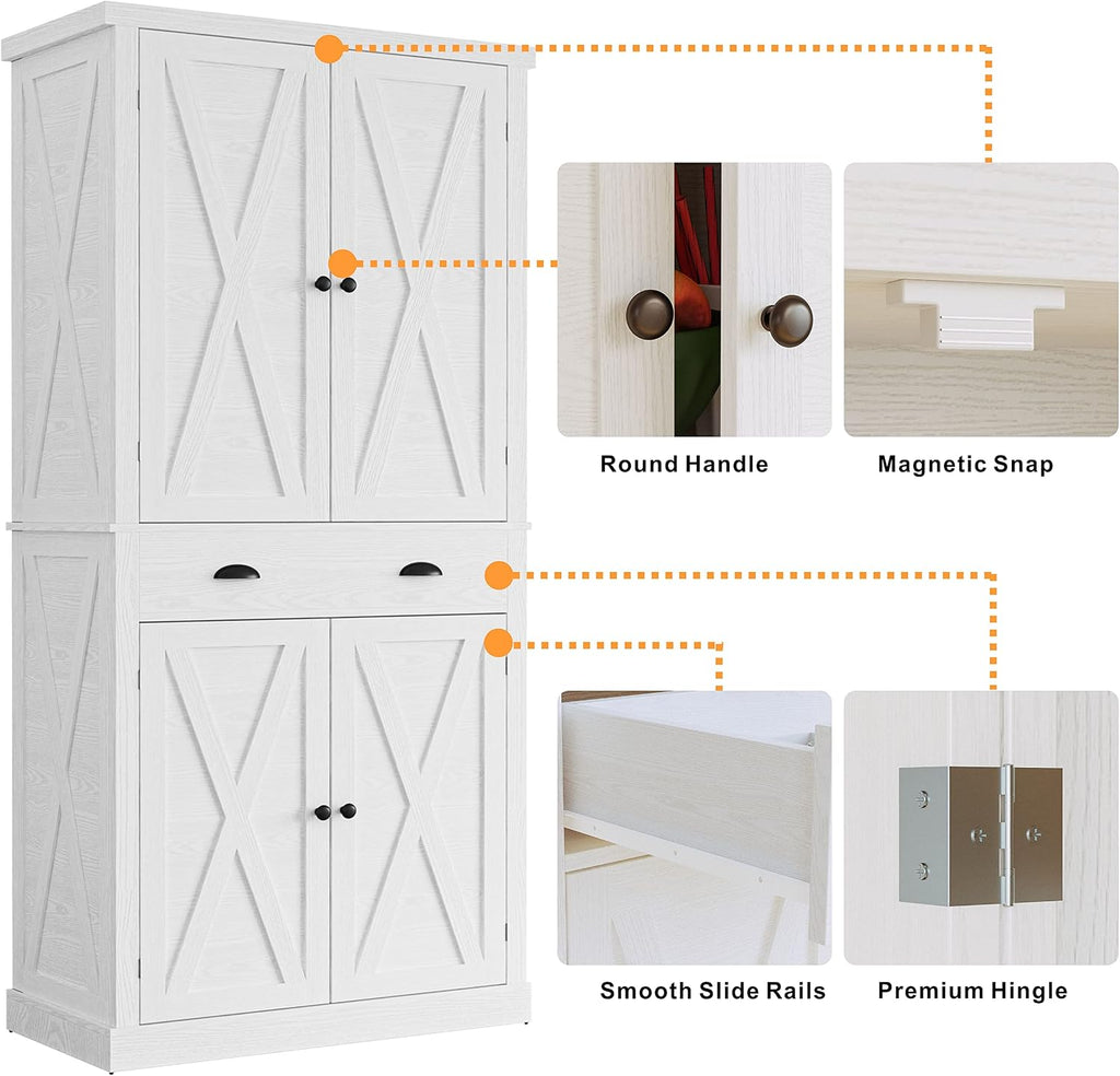 IRONCK Kitchen Pantry Storage Cabinet 72.6" H x 24" W, White | Freestanding Storage Cabinet with Barn Doors, Drawer, and 4 Adjustable Shelves for Laundry Rooms