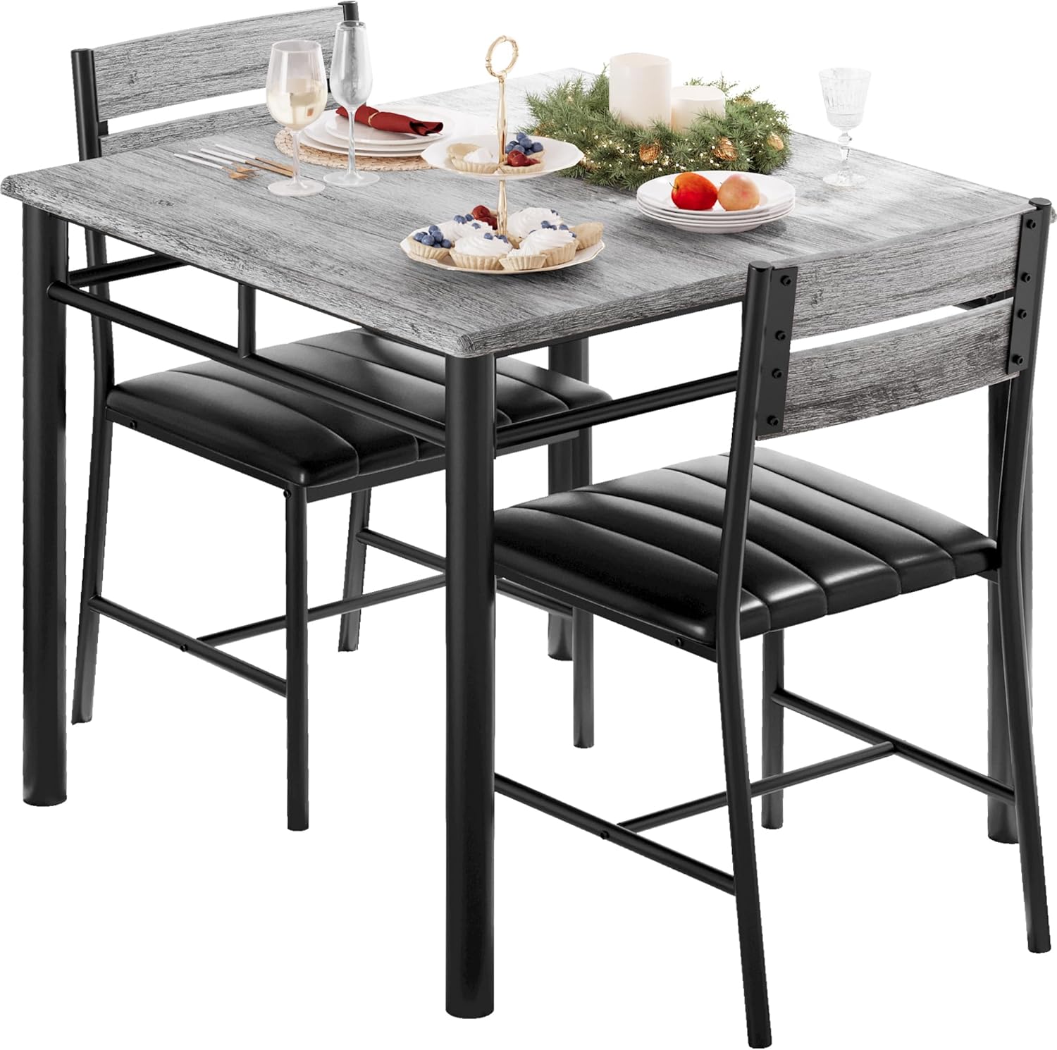IRONCK Dining Table Set for 2 with Upholstered Chairs, Rustic Brown