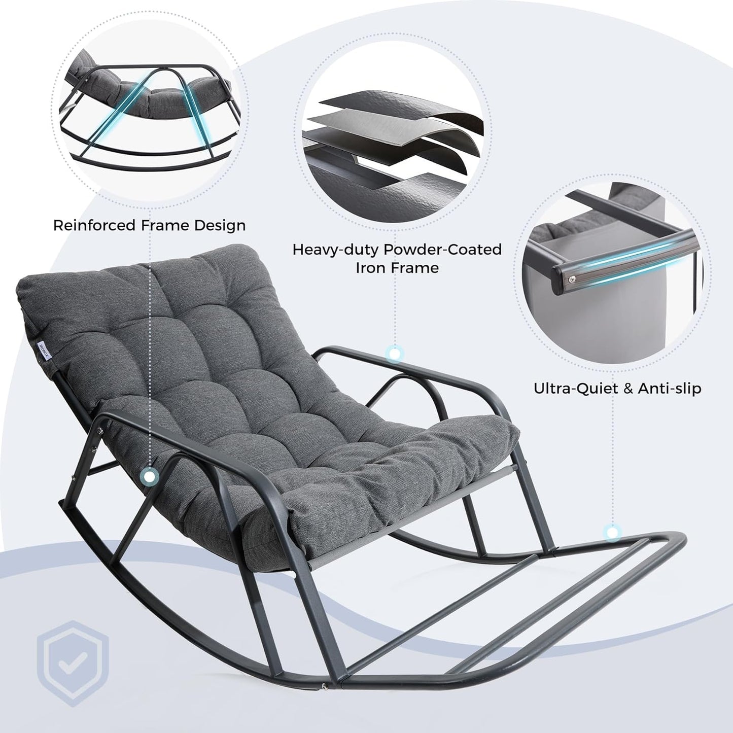 IRONCK Patio Rocking Chair with Cushion, Oversized Outdoor Rocking Chair, Gray