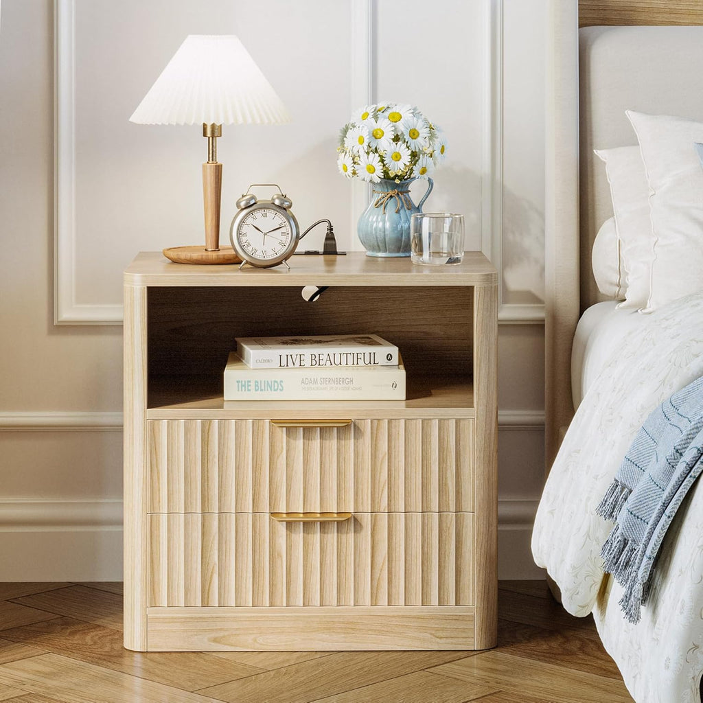 IRONCK Fluted Night Stand Set of 2, with Charging Station, Drawers and Open Shelves, Oak