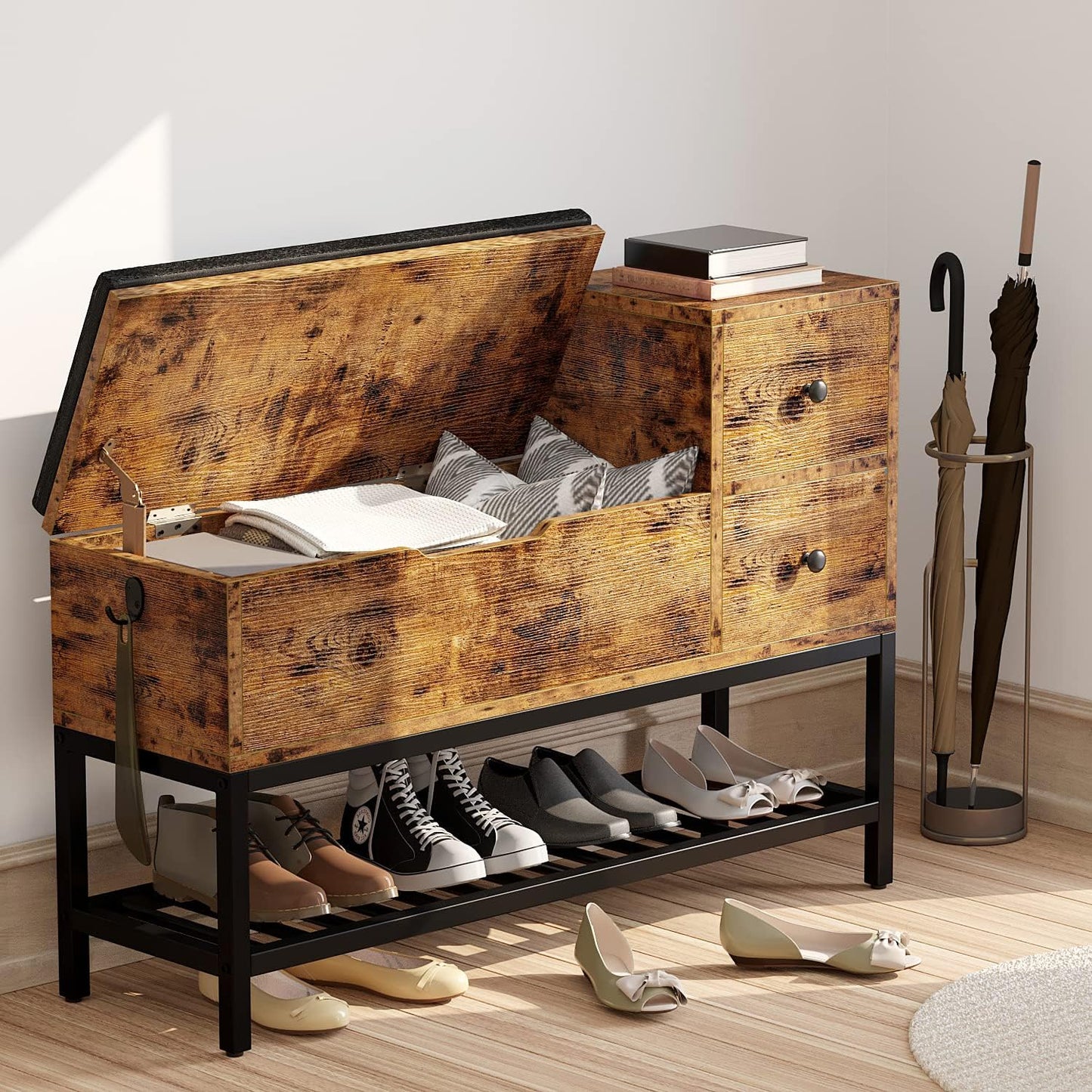 Vintage Brown Entryway Bench with Drawers