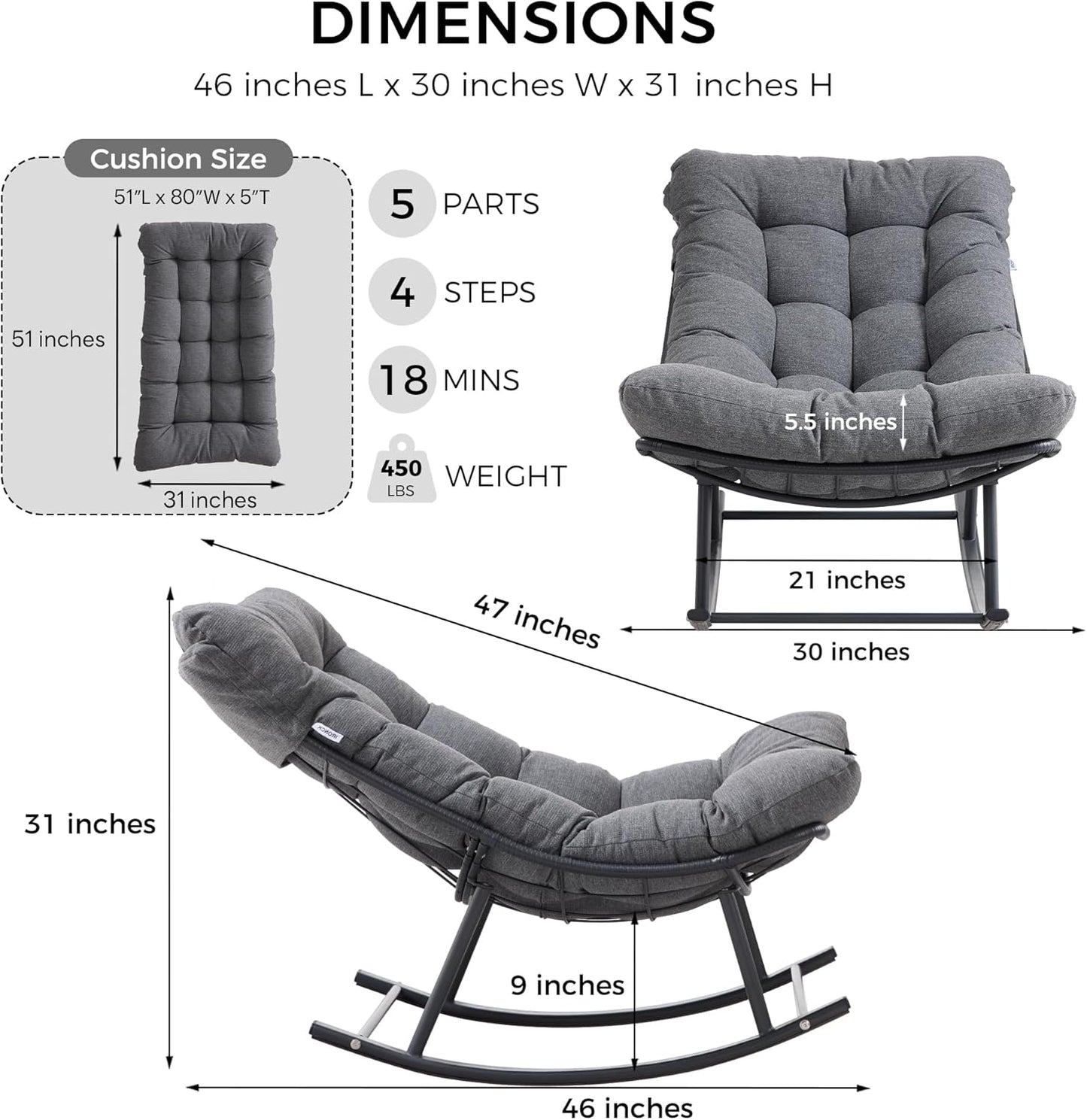 IRONCK Outdoor Rocking Chair, Patio Papasan Rocking Chair with Cushion, Gray