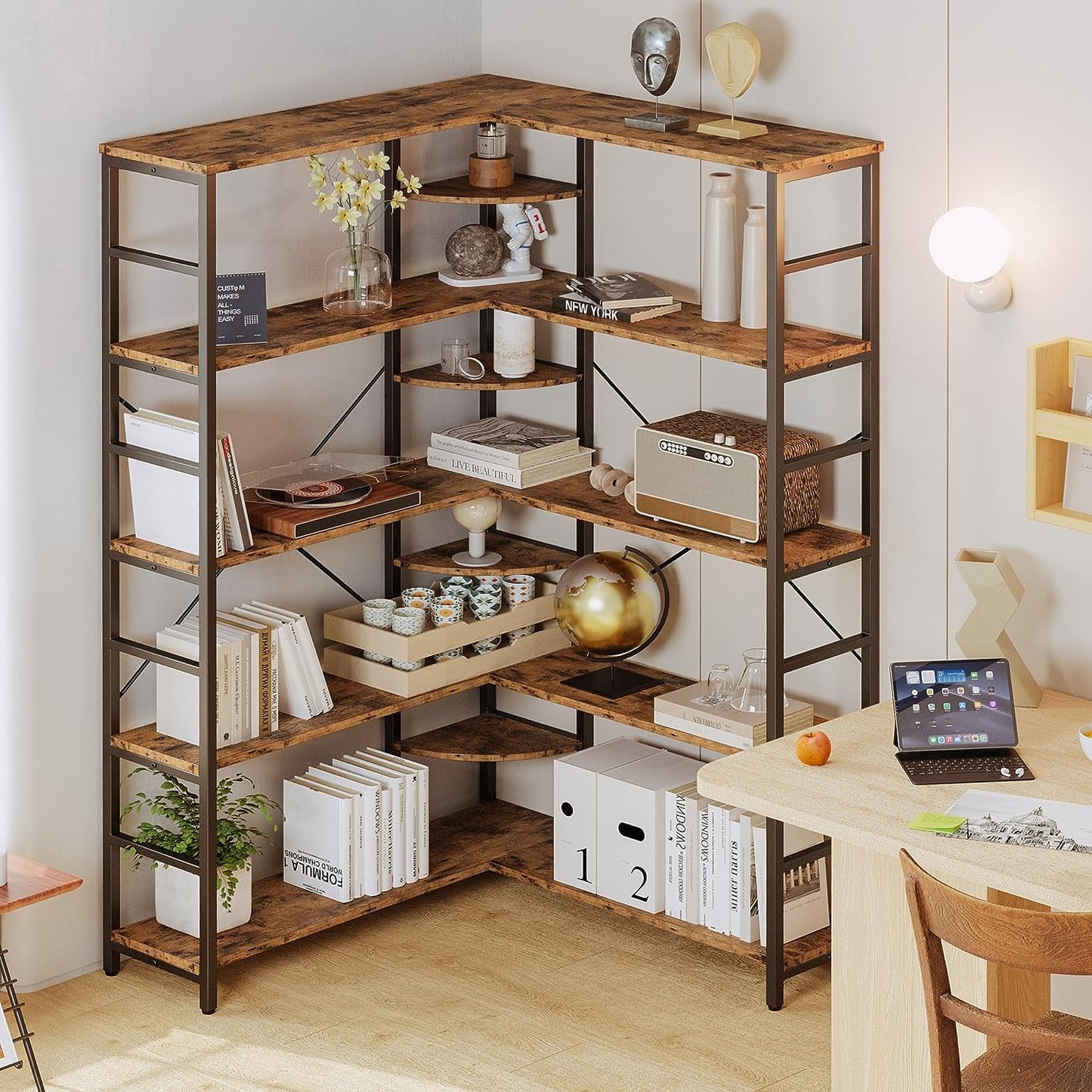 【HOT】5-Tiers Corner Bookcase with Curved Panels