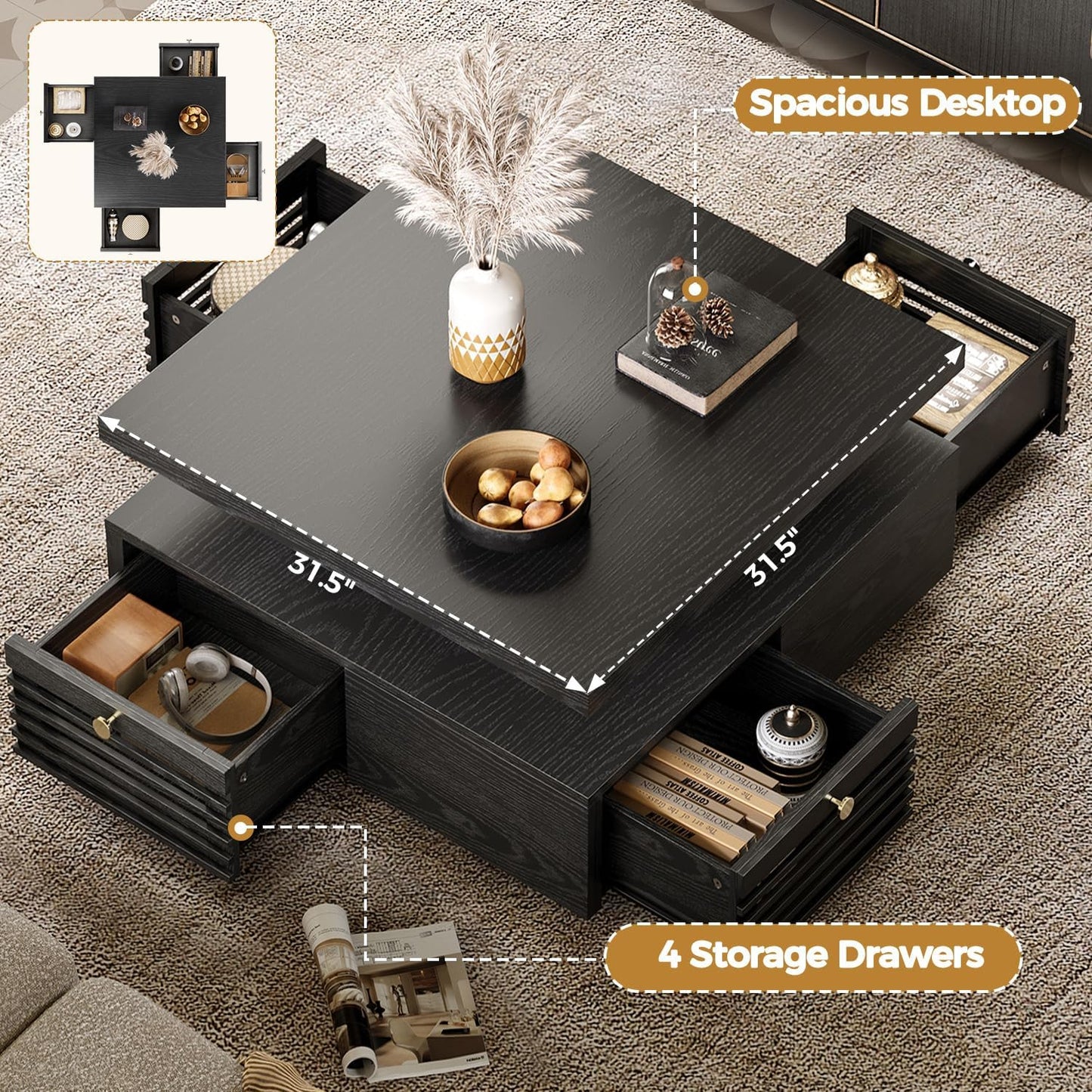 IRONCK Coffee Table with LED Light and Charging Station, 4 Storage Drawers with Grille Design, Square Coffee Table for Living Room Office Reception Room (Black)