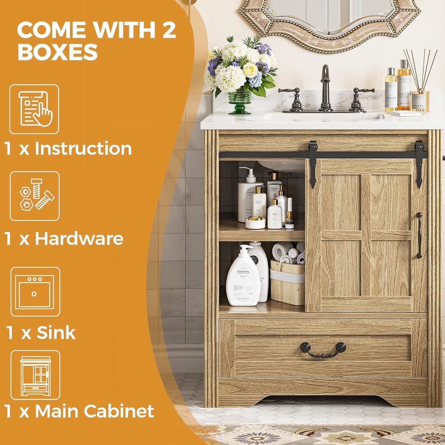 IRONCK 30 Inch Bathroom Vanity with Sink, Bathroom Sink Cabinet with Drawers & Metal Handles, Freestanding, Easy Assembly, Farmhouse