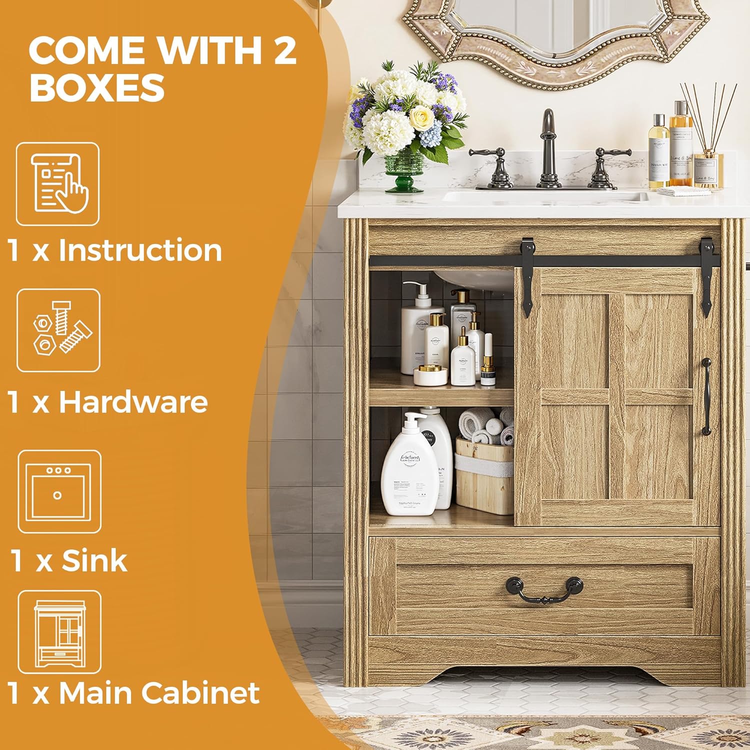 IRONCK 30 Inch Farmhouse Bathroom Vanity with Sink, Drawers