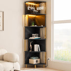 IRONCK Corner Bar Cabinet with LED Lights & Power Outlets, 5-Tier Corner Shelf with Glass Holder, Wine Bar Cabinet Liquor Cabinet for Living Room, Dining Room, Kitchen, Black & Gold