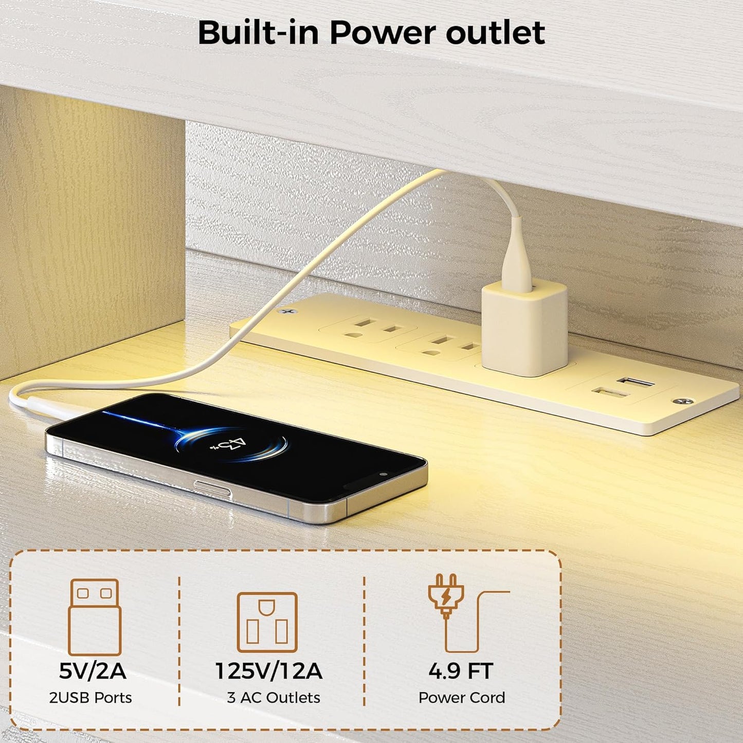 IRONCK TV Stand for TVs 85 inch with Power Outlet and LED Lights, White