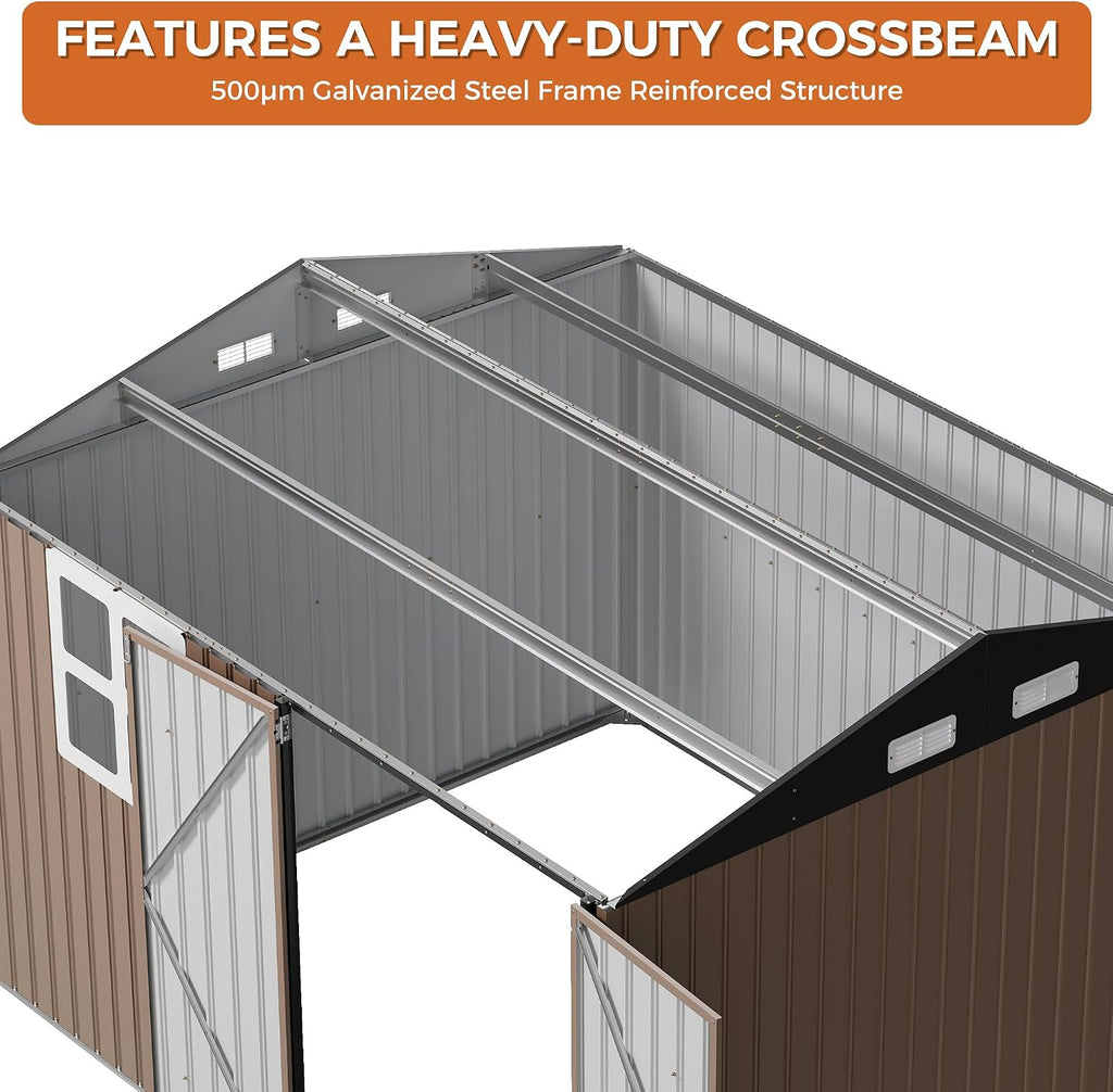 IRONCK 10x8.2FT Outdoor Storage Shed with Clear Window, Tool Shed, Brown Lockable Doors, Breathable Ventilation, 9.5x8 FT Base, Outdoor Shed For Generators/Bikes/Wheelbarrows