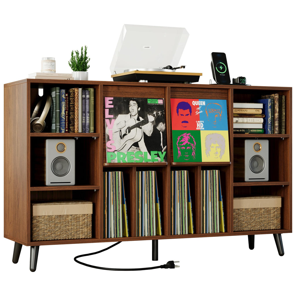 IRONCK Large Record Player Stand 55" with Charging Station, Black