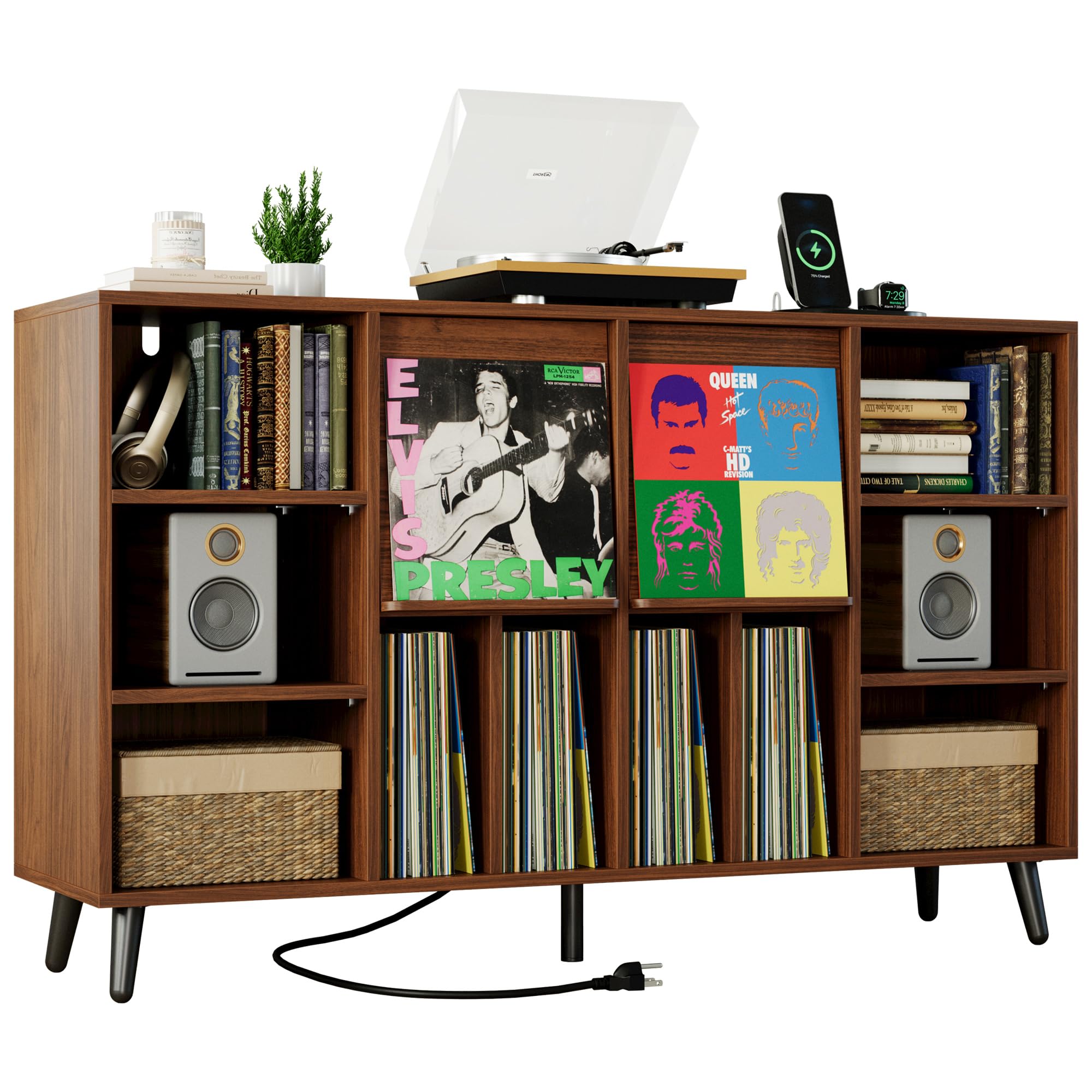 IRONCK Large Record Player Stand 55" with Charging Station, Black