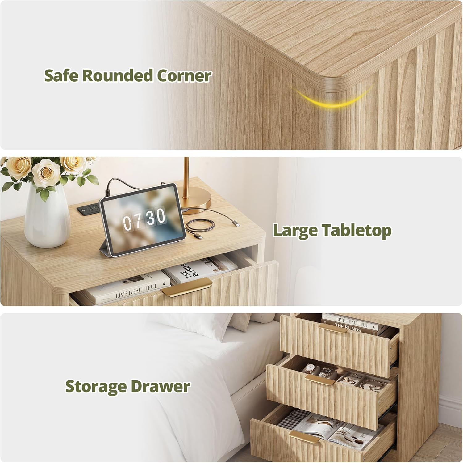 IRONCK 22" Fluted Night Stand Set of 2, with Charging Station