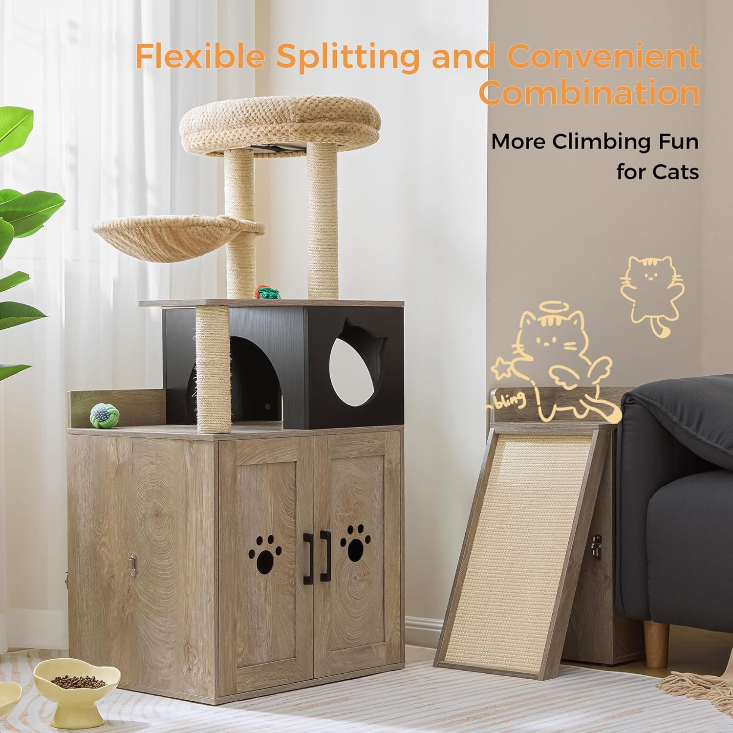 IRONCK Litter Box Enclosure with Cat Tree, 46" Hidden Litter Box with Sisal Scratching Ladder and Storage, Greige