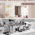 IRONCK Small Makeup Vanity Table with 5 Drawers, Power Outlet, and Vanity Stool