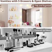 7 Furniture Vanity Desk with Mirror and Lights, Small Makeup Vanity Table with 5 Drawers, Power Outlet, and Vanity Stool, 3 Lighting Colors, Dressing Table for Women Girls Bedroom, White