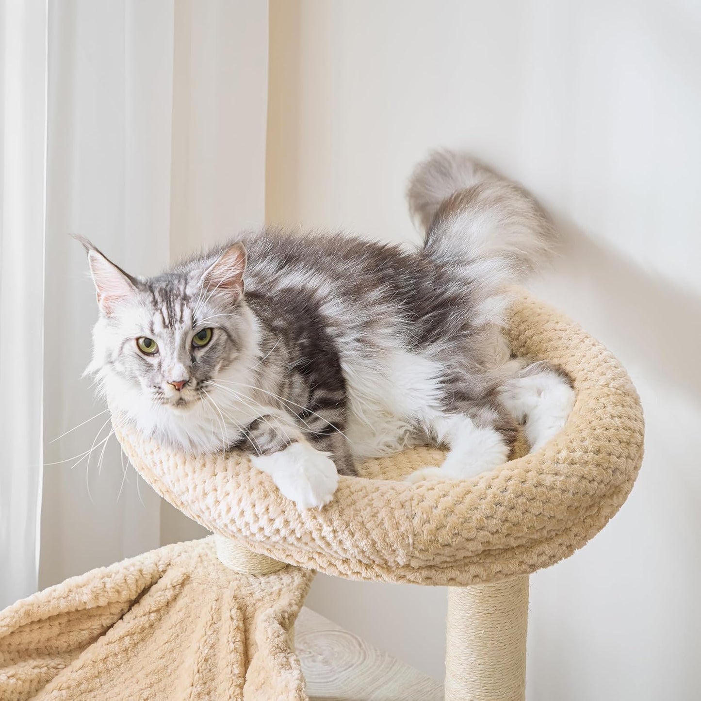 IRONCK Litter Box Enclosure with Cat Tree, 46" Hidden Litter Box with Sisal Scratching Ladder and Storage, Greige