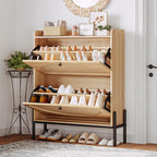 IRONCK Shoe Cabinet Storage with 2 Flip Drawers, Free Standing Wooden Shoe Storage Organizer Cabinet with Rattan Doors for Entryway, Narrow Shoe Rack Cabinet, Oak