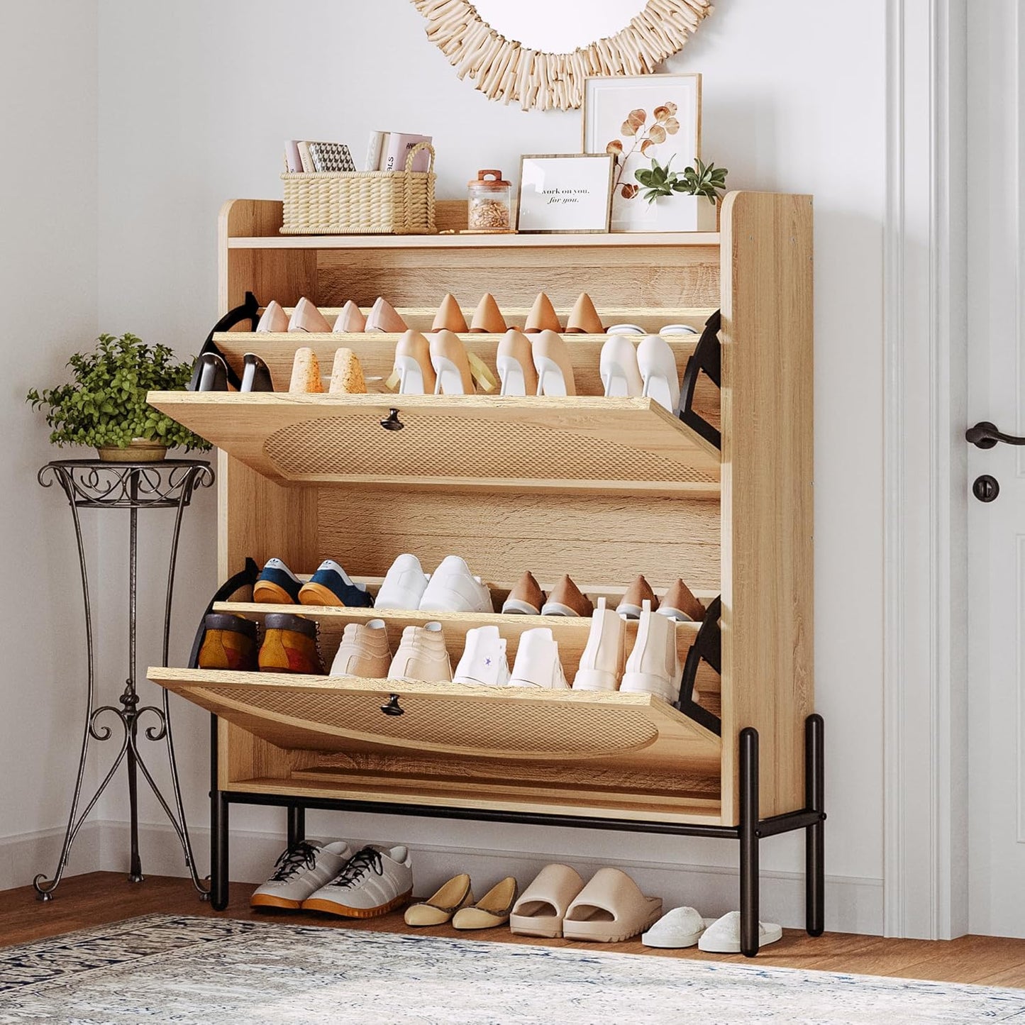 7 Furniture Shoe Cabinet Storage with 2 Flip Drawers, Free Standing Wooden Shoe Storage Organizer Cabinet with Rattan Doors for Entryway, Narrow Shoe Rack Cabinet, Oak