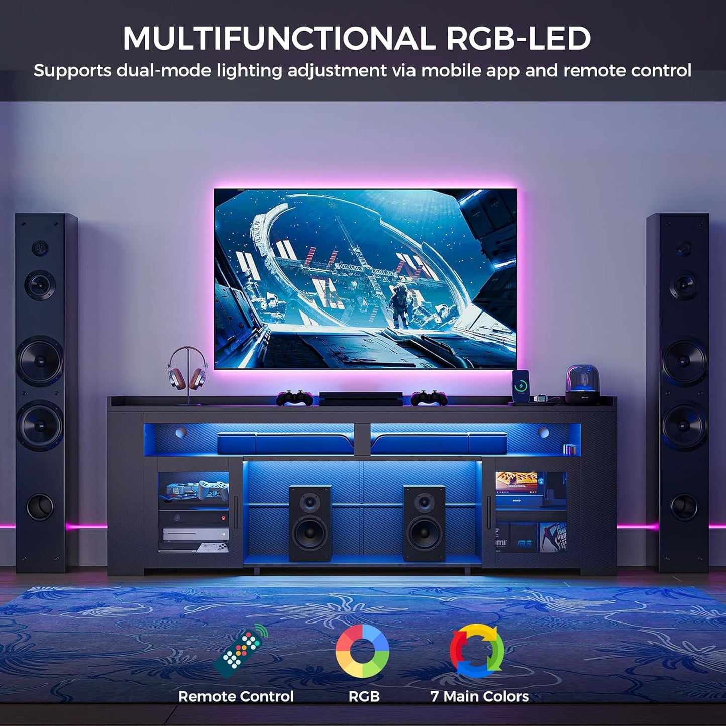 IRONCK TV Stand 75" with Charging Station, LED Entertainment Center