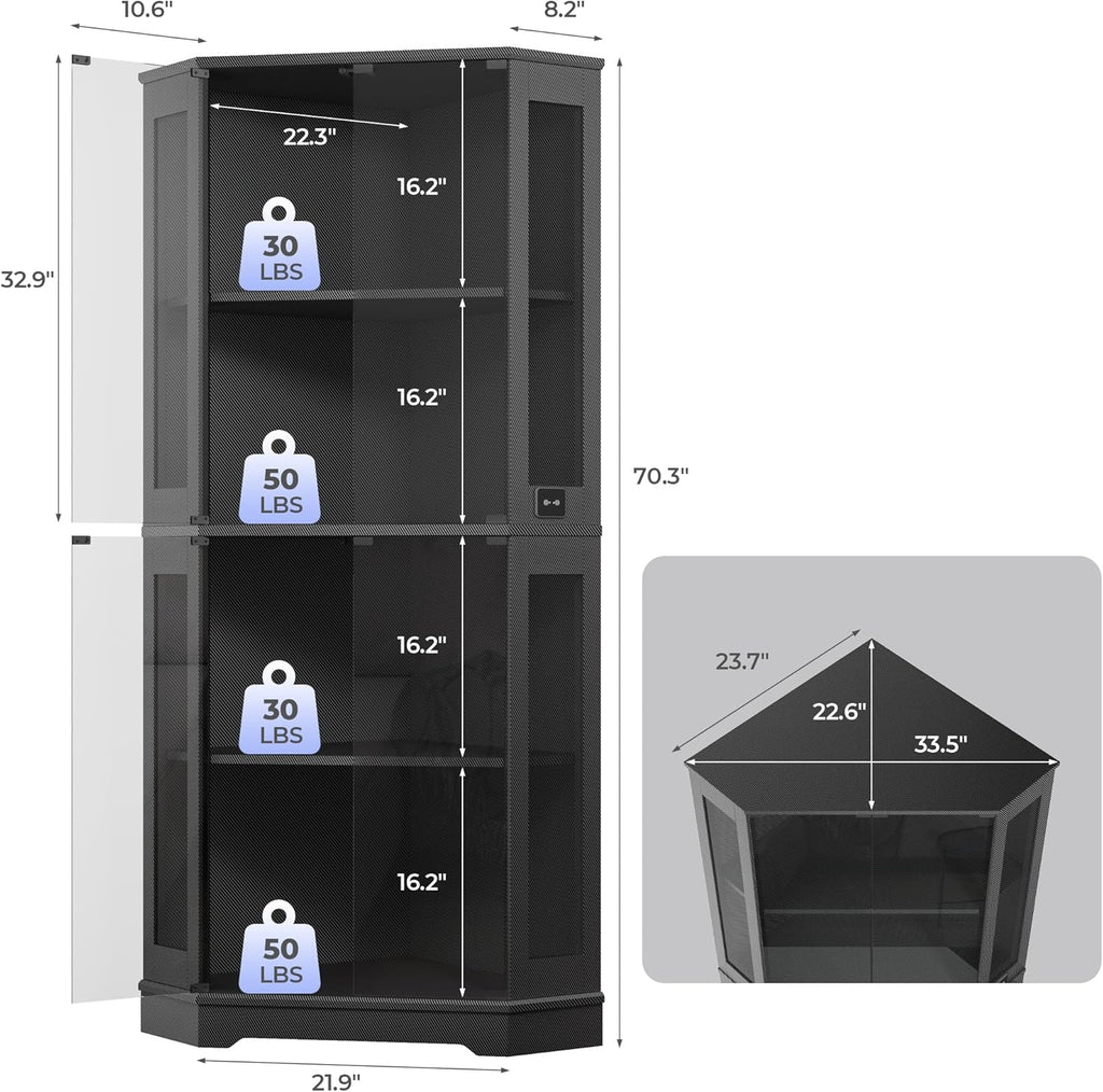 IRONCK 71" Carbon Fiber Corner Glass Display Cabinet