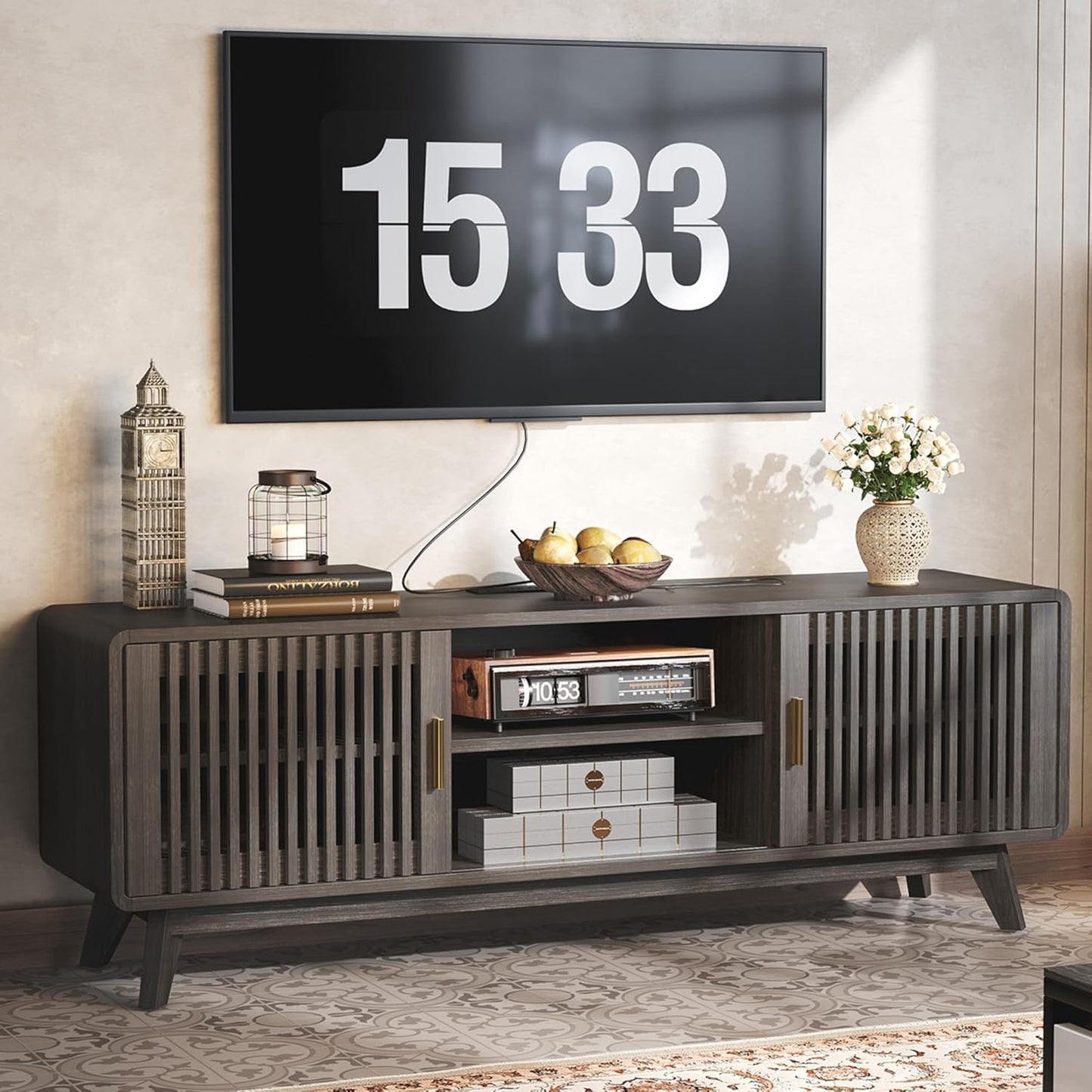 IRONCK 63'' TV Stand with 2 Sliding Door Grey Walnut