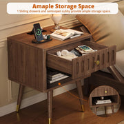 IRONCK Nightstand with Charging Station, Fluted Night Stand Set of 2，Bed Side Table with Drawer，Open Shelf and Sturdy Metal-Capped Legs, End Table for Bedroom, Walnut