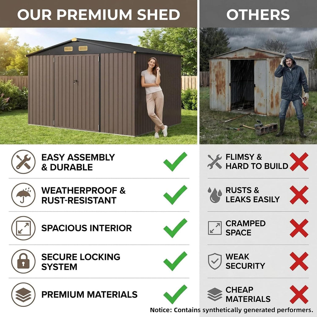 IRONCK Storage Shed, 9.7 x 7.7 FT Tool Shed with Lockable Doors, Brown Galvanized Steel Metal, Breathable Vent, Garden Shed for Yard Bins, Wheelbarrow, Generator