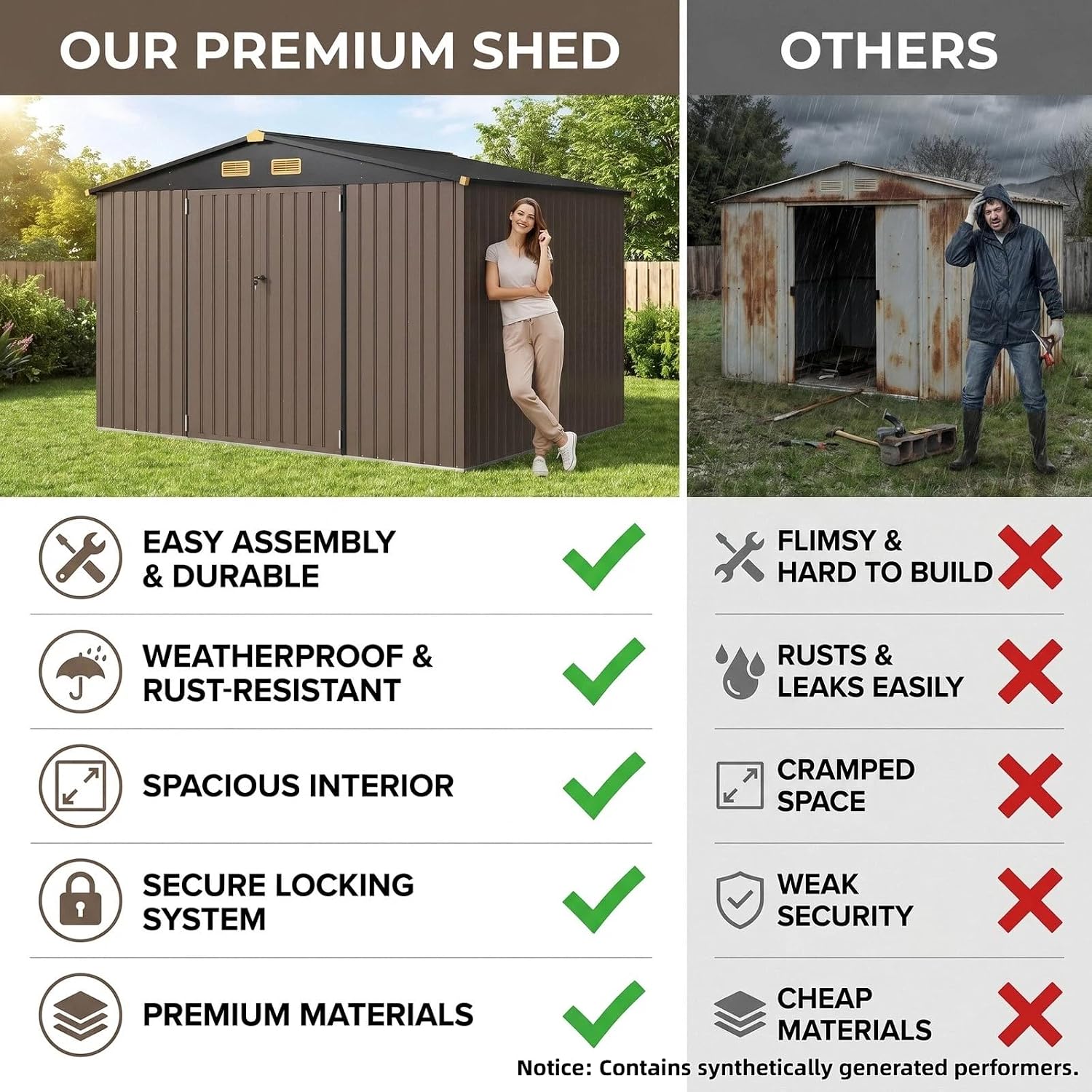 IRONCK Storage Shed, 9.7 x 7.7 FT Tool Shed with Lockable Doors, Brown Galvanized Steel Metal, Breathable Vent, Garden Shed for Yard Bins, Wheelbarrow, Generator