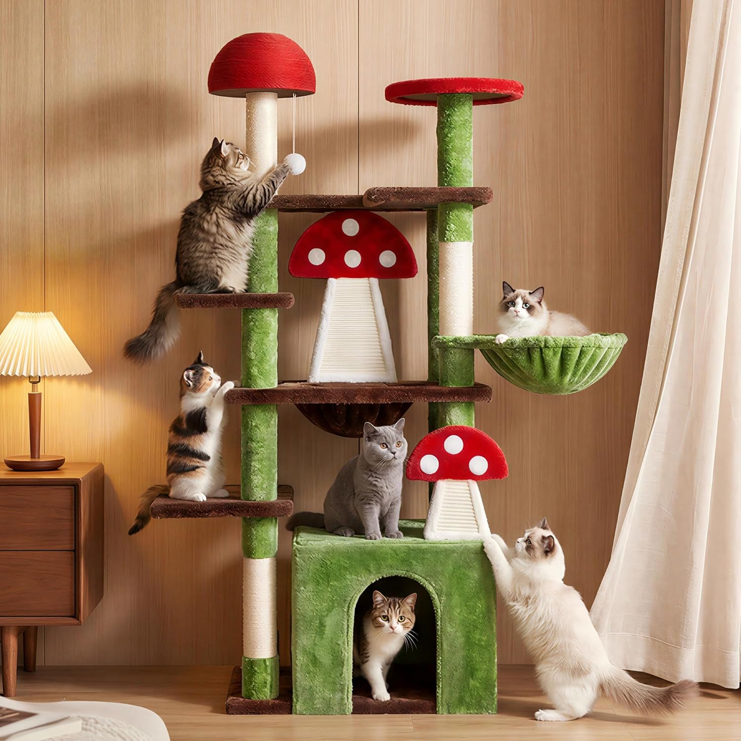 IRONCK Mushroom Cat Tree for Indoor Cats, 58" Multi-Level Cat Tower with Scratching Posts, Anti-Tip Extra Wide Base, Plush Cat Condo & Hammock Furniture for Cats, Easy Assembly