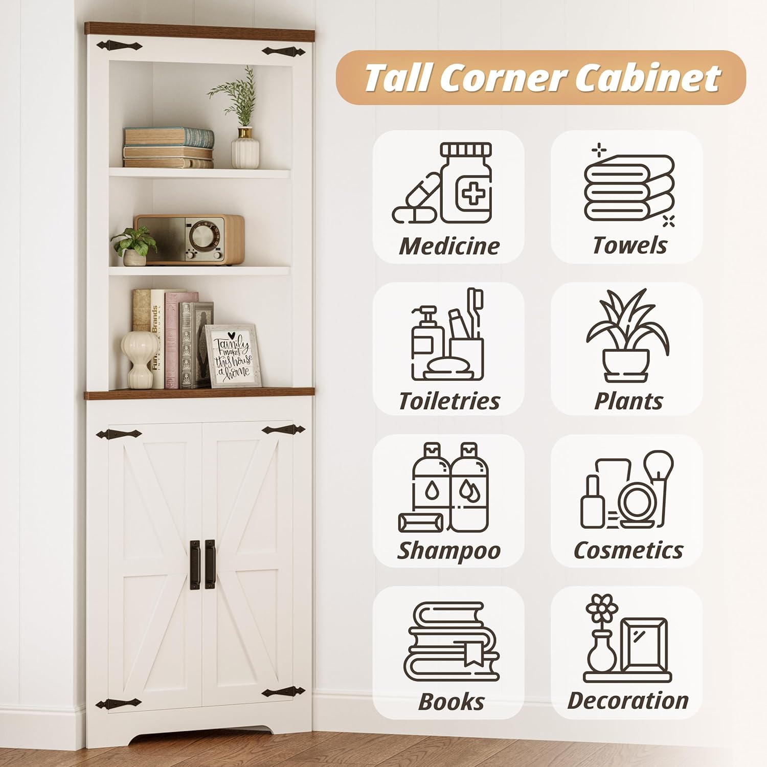IRONCK Corner Cabinet, 68'' Tall Corner Storage Cabinet with Doors and 5-Tier Shelves for Bathroom, Freestanding Bookcase Corner Display Cabinet Kitchen Hutch for Small Space, White